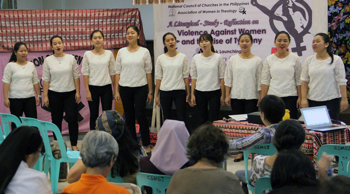 Student deaconesses perform music during the International Declaration on the Elimination of Violence against Women in Quezon City, Philippines. United Methodist deaconesses took part in the ecumenical gathering that addressed the vulnerability of women to violence and called for an end to that violence. Photo by Jonathan Sta. Rosa.