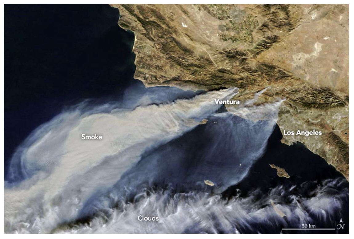 Thick smoke streams from several fires in southern California on NASA’s Terra satellite image from Dec. 5, 2017. Ojai, California, is 20 miles from Ventura. 