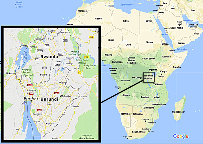 Two long-divided United Methodist groups in Burundi are joining to try to unite the church’s witness. A composite of map images from Google shows the location of the east African nation, below Rwanda. Map images courtesy of Google Maps. 