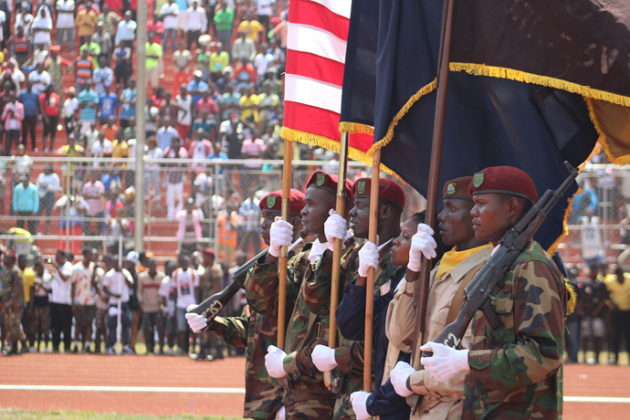 Flag bearers present the colors during the inauguration of Liberian President George Manneh Weah in Monrovia. Photo by E Julu Swen, UMNS.