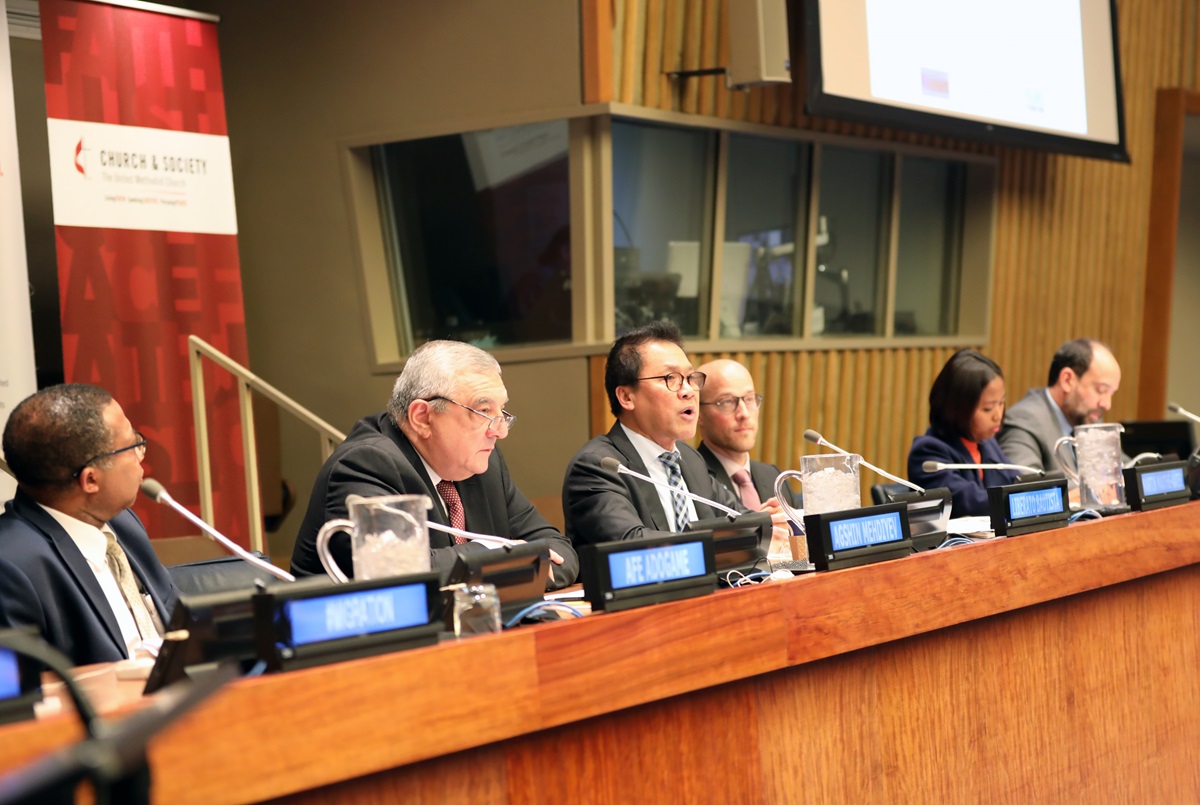 The Rev. Levi Bautista, third from left, moderates a panel during the Fourth Annual Symposium on the Role of Religion and Faith-Based Organizations in International Affairs. The event at the United Nations brought together faith and diplomatic representatives to discuss the topic of migration. Photo by Quinn Wonderling, Board of Church and Society.