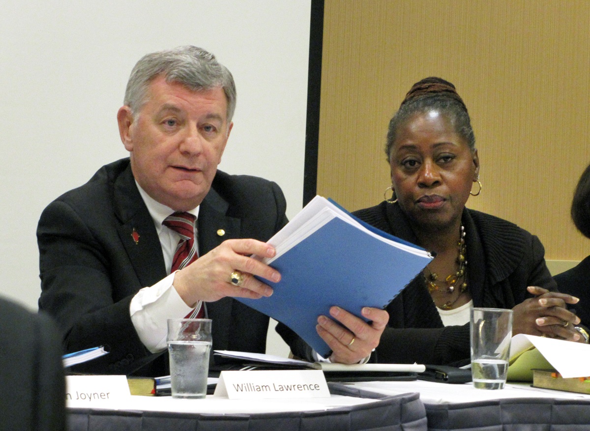 The Rev. William B. Lawrence served as president of the United Methodist Judicial Council, and is seen here, with Angela Brown, at a 2012 council hearing. Lawrence, also former dean of Perkins School of Theology, is the author of the new book “A Methodist Requiem: Words of Hope and Resurrection for the Church.” UMNS file photo.