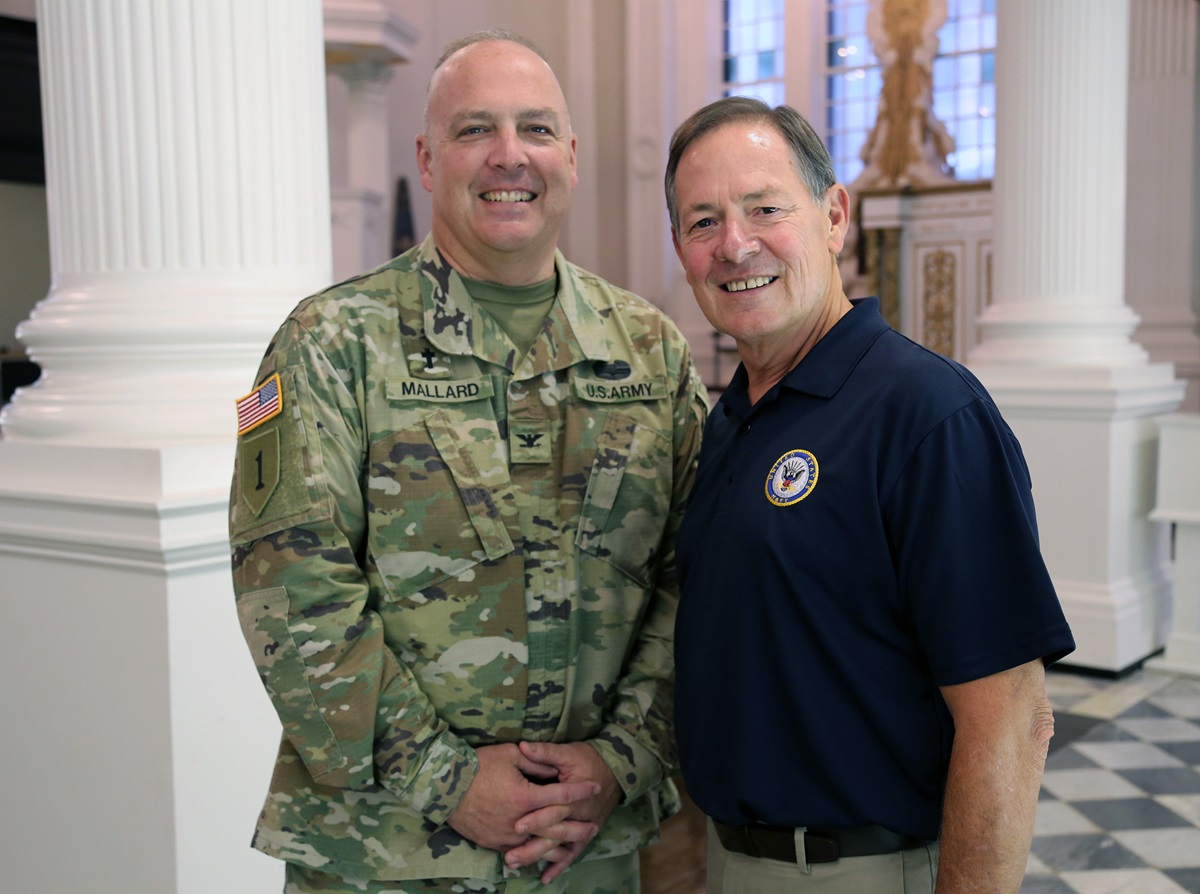Army chaplain Col. Timothy Mallard reunites with Capt. Doug Waite, a United Methodist and retired Navy chaplain, during the taping of “We’ll Meet Again,” episode “Heroes of 9/11,” airing Feb. 13 on PBS. Photo courtesy of Simon Harries/Blink Films.