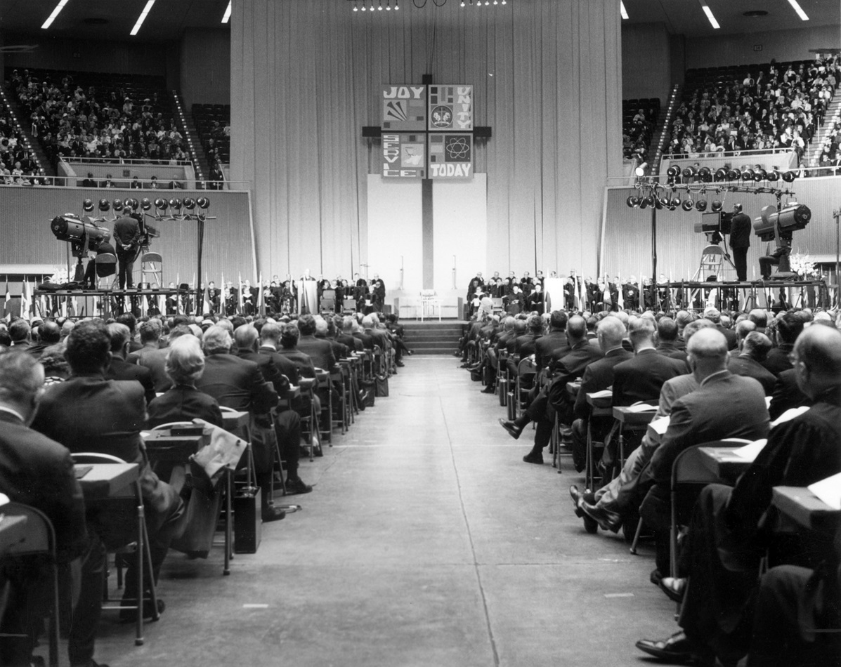 A view of the platform from the floor of the 1968 uniting conference in Dallas, where a merger of the Methodist Church and Evangelical United Brethren Church resulted in The United Methodist Church. The Commission on Archives and History offers a number of archives and resources on the history of Methodism. 1968 file photo courtesy of the United Methodist Commission on Archives and History.