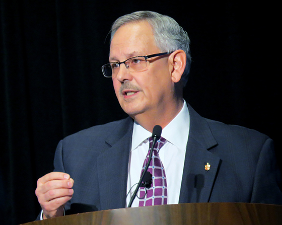 Council of Bishops President Bruce R. Ough calls for colleagues to be open to changing their minds under the influence of the Holy Spirit. Ough preached during the Feb. 25 opening worship service of a council meeting that goes through Feb. 28, in Dallas. The bishops are refining models that the Commission on a Way Forward has offered to avoid denominational schism over homosexuality. Photo by Sam Hodges, UMNS.