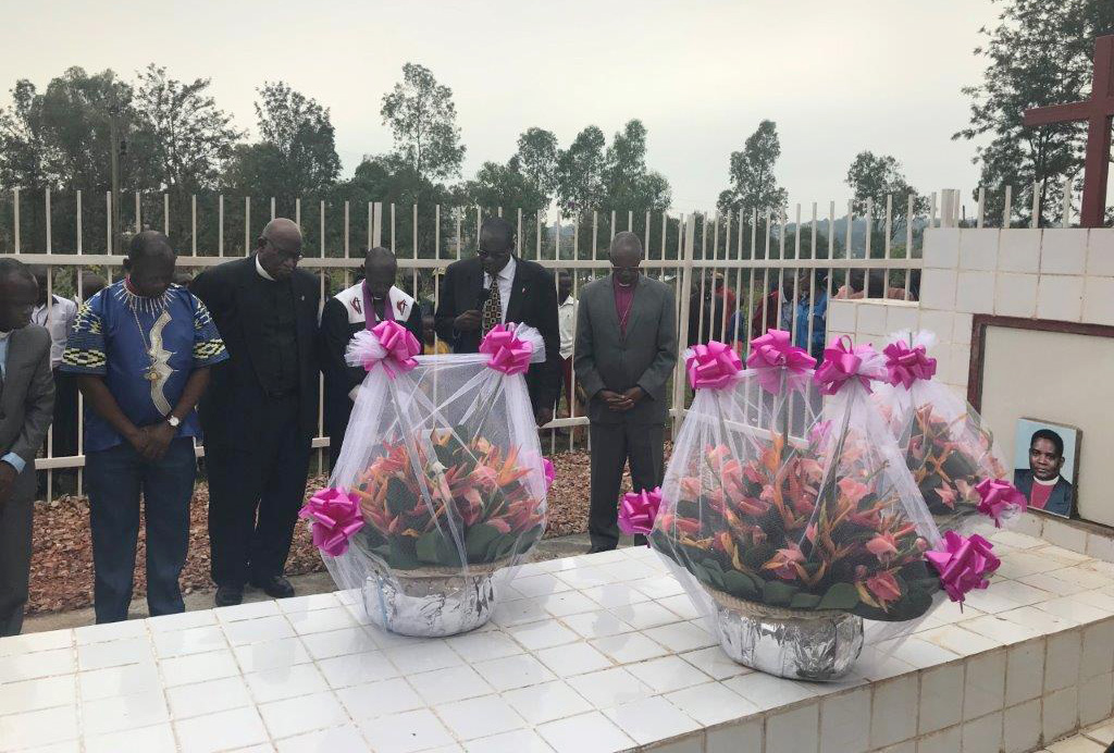 United Methodist leaders gather at the gravesite of Bishop Alfred J. Ndoricimpa at St. Peter's United Methodist Church in Gitega, Burundi. Photo by Thomas Kemper, GBGM.