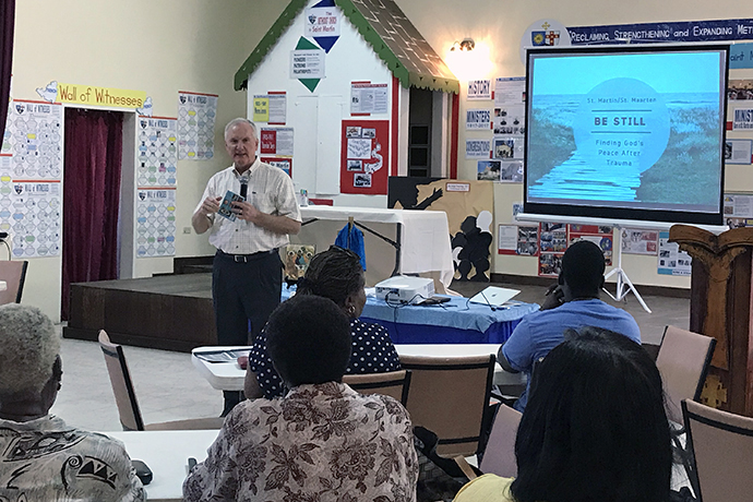 The Rev. Stephen Bryant, publisher at Upper Room Ministries, speaks during a devotional-writing workshop in St. Martin. The workshop was part of a three-day retreat hosted by the agency, Nov. 30-Dec, 2, 2017, that encouraged people to process their trauma from Hurricane Irma’s devastation. Photo courtesy of Upper Room Ministries.