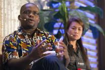 Isaac Broune (left) and April Gonzaga-Mercado lead a panel discussion on using communications as aid as part of the Game Changers Summit at the Opryland Hotel in Nashville, Tenn. Photo by Mike DuBose, UMNS Isaac Broune (left) and April Gonzaga-Mercado lead a panel discussion on using communications as aid as part of the Game Changers Summit at the Opryland Hotel in Nashville, Tenn. Photo by Mike DuBose, UMNS