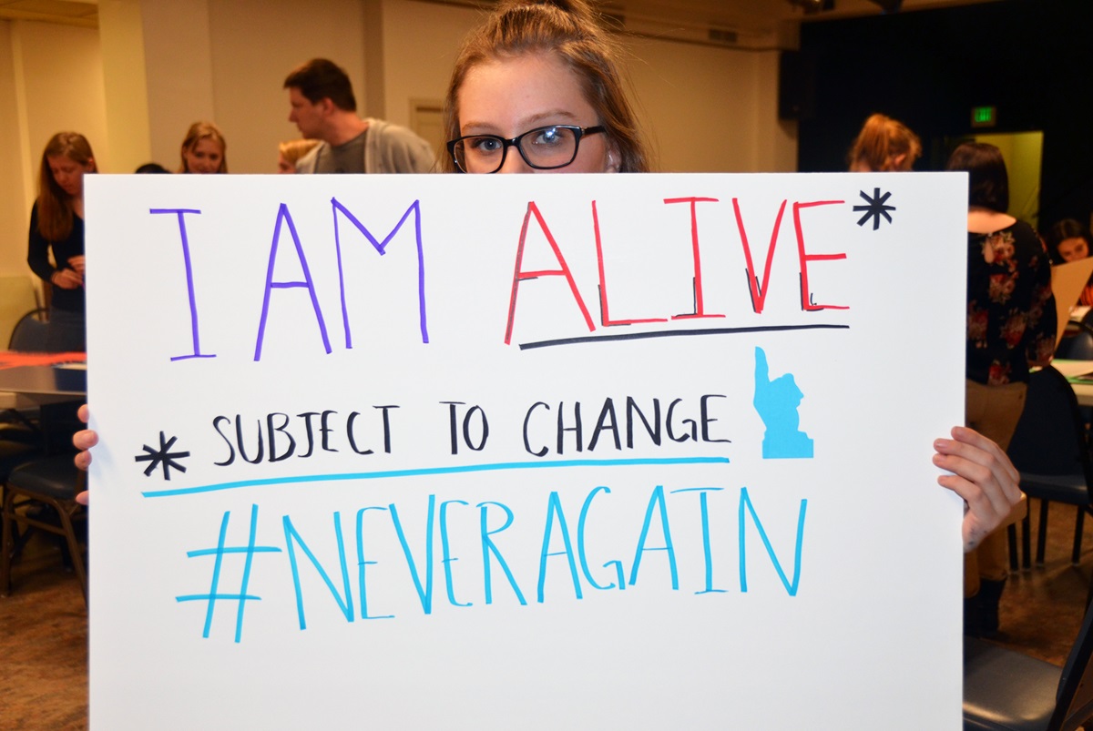 Hannah Beamish, an 11th grader from Rochester, New York, came to the lock-in at National United Methodist Church in Washington, March 23 with her youth group. As thousands of people streamed into the nation’s capital for a rally to end gun violence in schools, several United Methodist churches in and around Washington opened their doors to offer youth groups and their leaders a place to stay, eat, sleep and prepare for the rally. Photo by Erik Alsgaard.