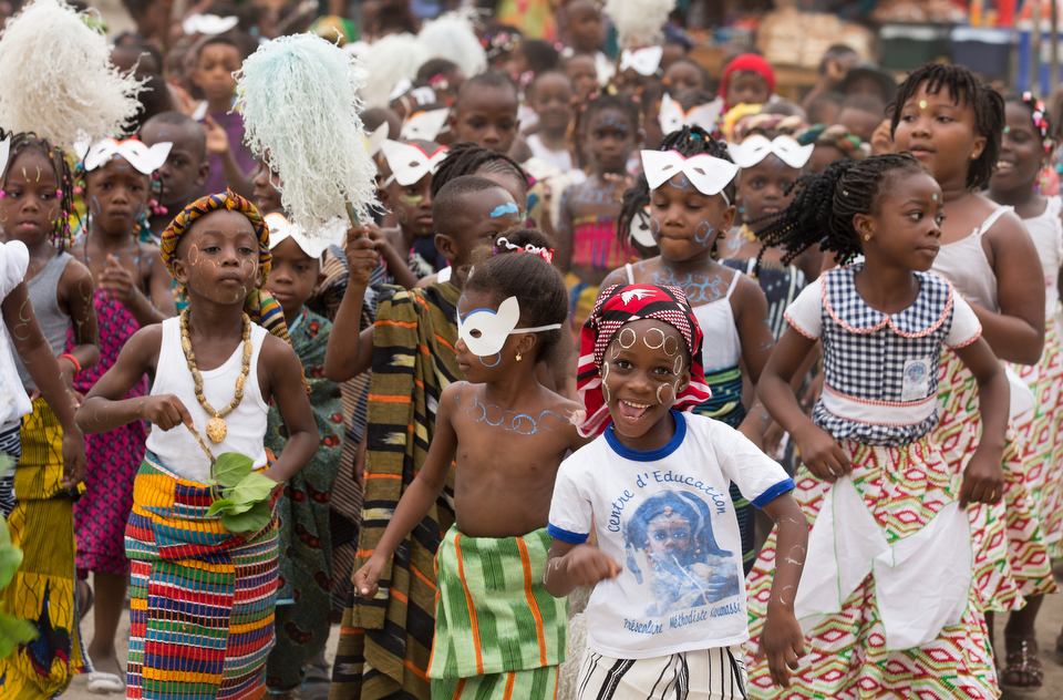 Children celebrate Mardi Gras at the United Methodist Koumassi School in Abidjan, Côte d'Ivoire. Promoting unity across denominational and religious lines is a core mission in the country’s United Methodist schools where civil strife is a recent national memory. Photo by Mike DuBose, UMNS.