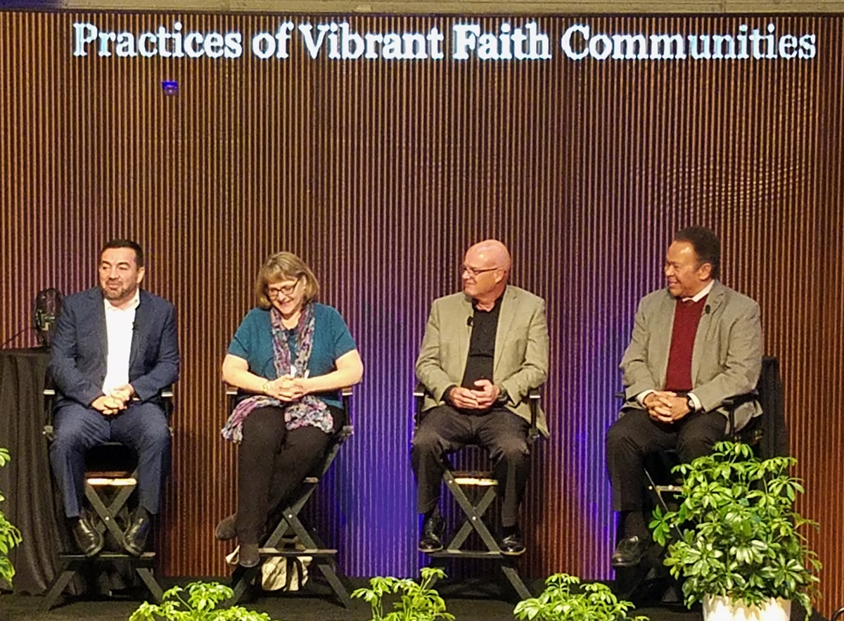 Panelists discussed the core work of practical theology and religious communities today during a conference on practical theology at United Methodist Candler School of Theology. Shown, from left, Abdullah Antepli, Diana Butler Bass, the Rev. Brian McLaren and moderator Robert Farley. The discussion was part of the “Practical Matters Conference,” March 22-24. Photo by Taylor Burton-Edwards, UMNS.