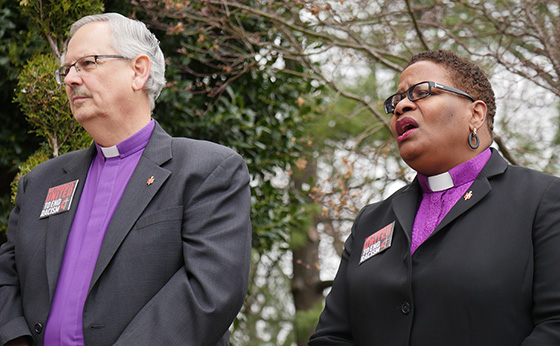United Methodist Bishops Bruce R. Ough and LaTrelle Easterling spoke at a prayer witness on the eve of a national rally to end racism. Photo by Kathy L. Gilbert, UMNS