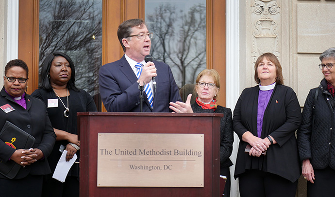 Jim Winkler, president of the National Council of Churches and a United Methodist, spoke to a gathering of United Methodists on April 3 outside the United Methodist Building in Washington. Photo by Kathy L. Gilbert, UMNS