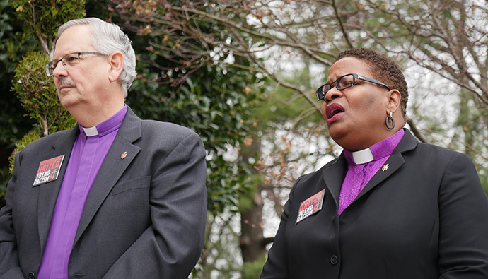 United Methodist Bishops Bruce R. Ough and LaTrelle Easterling spoke at a prayer witness on the eve of a national rally to end racism. Photo by Kathy L. Gilbert, UMNS