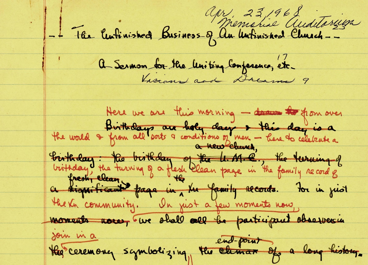 The Rev. Albert C. Outler’s papers at Bridwell Library include a draft of the sermon he preached on April 23, 1968, during the uniting service of the Uniting Conference, officially creating The United Methodist Church. Photo courtesy of Bridwell Library Special Collections, Perkins School of Theology, Southern Methodist University.
