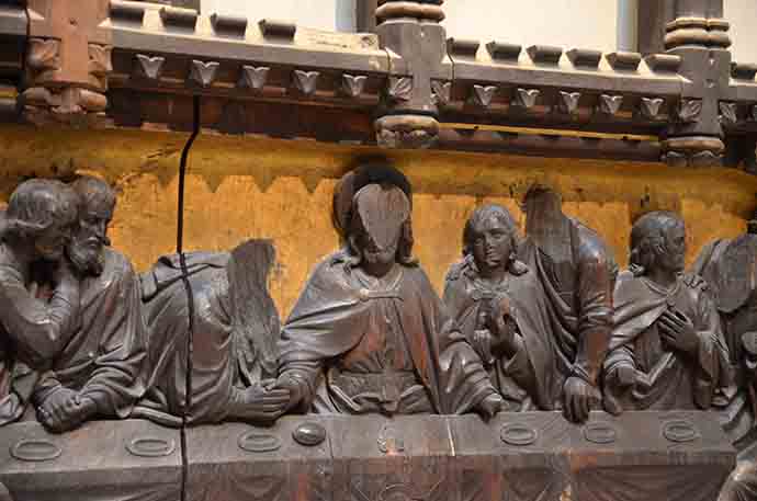 The altarpiece from the Church of Reconciliation was found barely damaged beneath the pile of rubble. “Jesus has no face and some of the disciples are headless,” said tour guide Christiane Schmidt of the piece, which now sits in the apse of the newly built Chapel of Reconciliation in Berlin. Photo by the Rev. Klaus U. Ruof, UMNS.