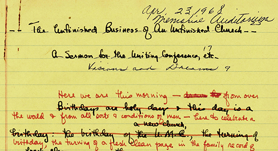 The Rev. Albert C. Outler’s papers at Bridwell Library include a draft of the sermon he preached on April 23, 1968, during the uniting service of the Uniting Conference, officially creating The United Methodist Church. Photo courtesy of Bridwell Library Special Collections, Perkins School of Theology, Southern Methodist University.