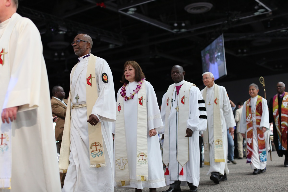 Bishops process during the May 10 opening of the 2016 United Methodist General Conference in Portland, Ore. The Council of Bishops asked the Judicial Council to hold a special session this spring and the denomination’s top court has agreed. File photo by Kathleen Barry, UMNS.
