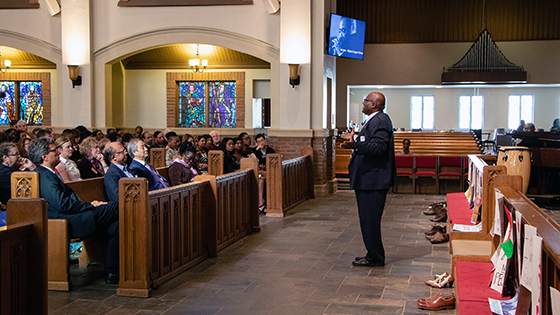 West Ohio Bishop Gregory V. Palmer preaches during opening worship for the April 12-14 meeting of the United Methodist Board of Global Ministries in Atlanta. Photo by Jennifer Silver, General Board of Global Ministries.
