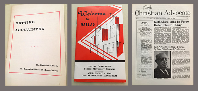 The 1968 Uniting Conference in Dallas was the occasion for special publications such as the ones at left and center. The Daily Christian Advocate provided news and feature stories as the event unfolded. Bridwell Library at Perkins School of Theology has these and many other conference mementos. Photo by Sam Hodges, UMNS