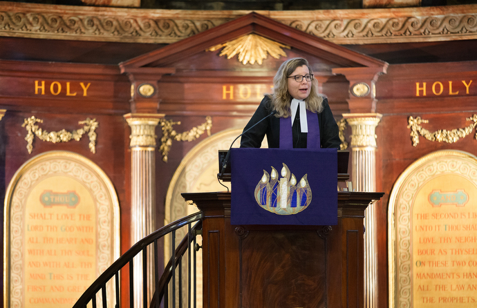 The Rev. Jennifer Smith gives the sermon during worship at Wesley's Chapel, where she serves as superintendent minister. Photo by Mike DeBose, UMNS.