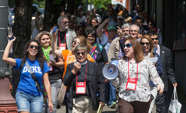 The United Methodist Church officially is in “support of just and fair immigration policies that benefit and allow the family to preserve and maintain its unity.” Methodists in support of immigration reform marched down Martin Luther King Jr. Boulevard outside the 2016 United Methodist General Conference in Portland, Ore.