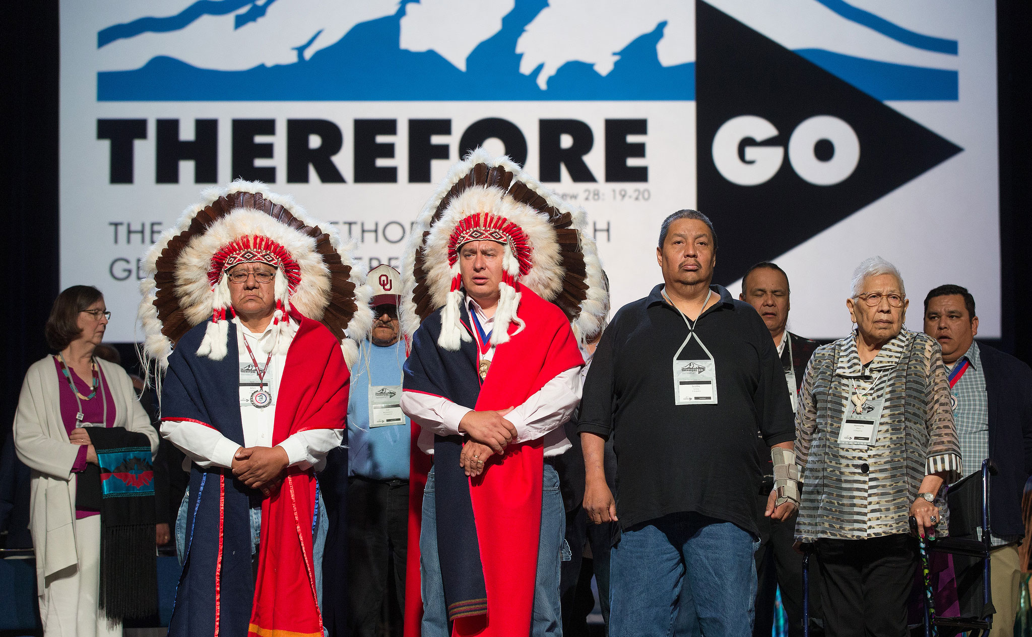 Representatives of the Cheyenne and Arapaho tribes are recognized May 18 at the 2016 United Methodist General Conference in Portland, Ore., where delegates received a tutorial on the 1864 Sand Creek Massacre, in which U.S. troops led by a Methodist preacher-turned-cavalry officer attacked unsuspecting Indians. Photo by Mike DuBose, UMNS