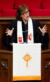 Bishop Debra Wallace-Padgett gives the sermon during worship.