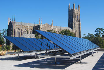 Solar panels on Duke University's student center provide approximately 40% of the hot water for the building.