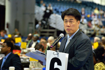 The Rev. We Hyun Chang argues for retaining guaranteed appointments during a debate at the 2012 United Methodist General Conference. A UMNS photo by Paul Jeffrey.