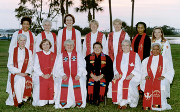 Bishop Leontine Kelly (fourth from left) is pictured with her fellow 12 women bishops at a 2000 Council of Bishops' meeting in St. Simons Island, Ga. A UMNS file photo by J. David Miller.