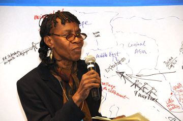 Nelcia Hazell of the Caribbean Conference of Churches participates in a discussion on migration during the U.N. Commission on the Status of Women meeting.