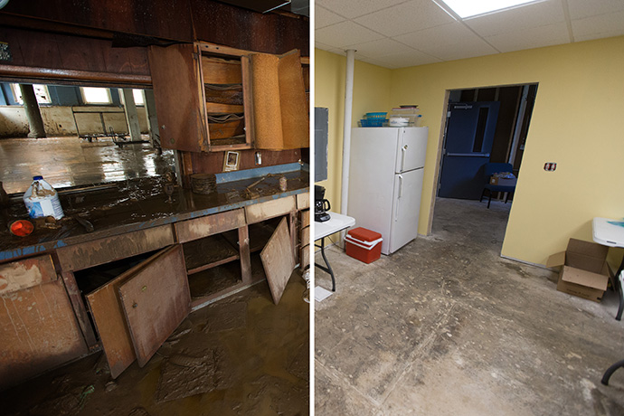 The kitchen at Clendenin (W. Va.) United Methodist Church was ruined by flooding in June 2016 (left side image). The partially rebuilt kitchen is used by volunteer teams hosted by the church in July 2017 (right side image). Photo by Mike DuBose, UMNS.
