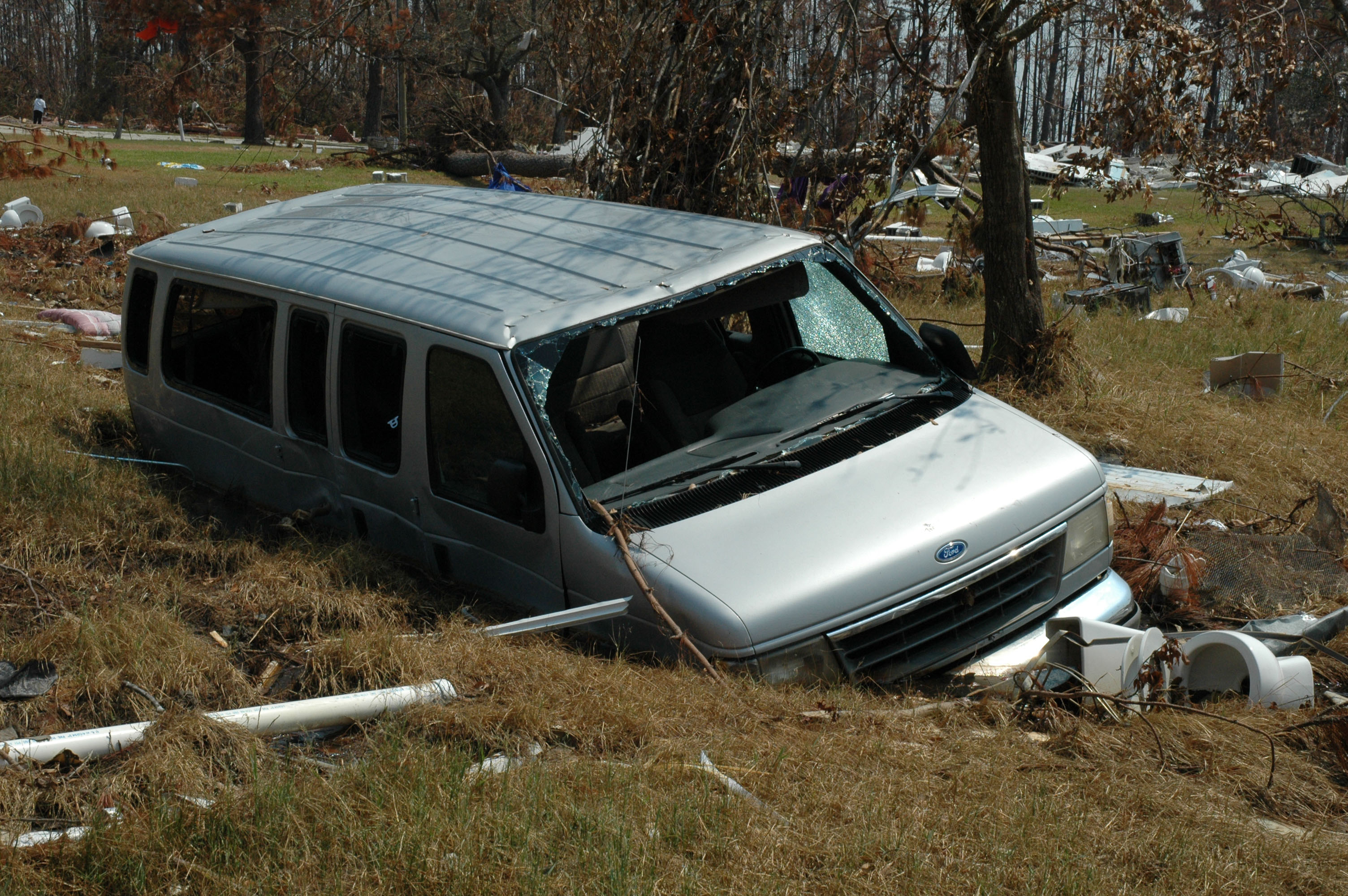 A van from Gulfside Assembly lies in a ravine following Hurricane Katrina. A UMNS photo by the Rev. Larry Hollon.