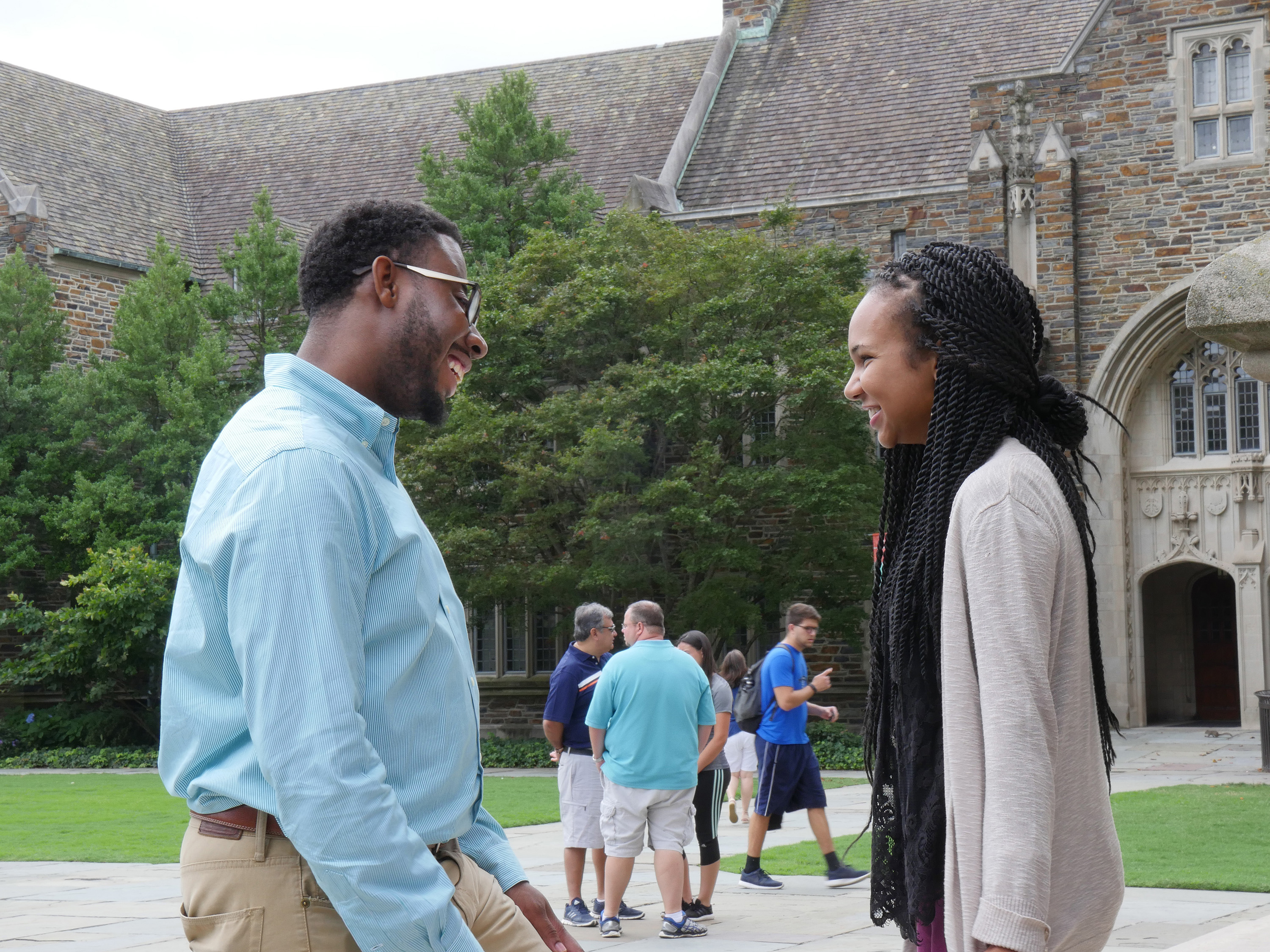 Joseph Robbins and Alexandria Daponte, rising seniors at Duke Divinity School, discuss reasons they feel called to attend the United Methodist school of theology. Photo by Kathy L. Gilbert, UMNS.