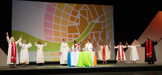Bishops preside over a service of Holy Communion during closing worship at the assembly. Photo by Mike DuBose, UMNS.
