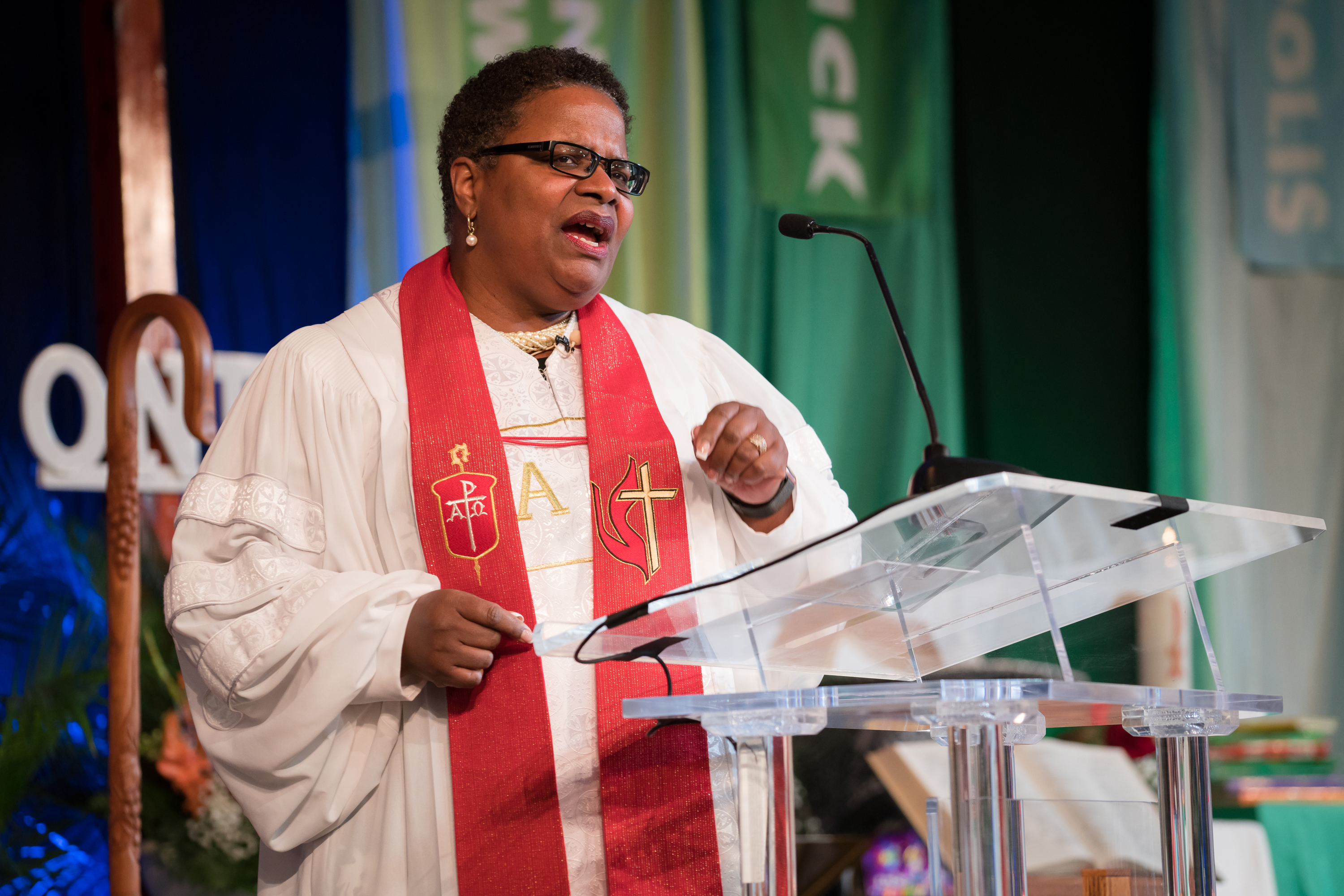 Bishop LaTrelle Easterling preaches on unity during worship at the Baltimore-Washington Annual Conference in Baltimore, Maryland, on May 30. Photo by Tony Richards.