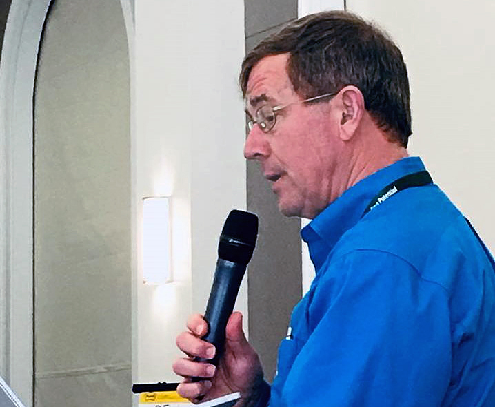 Bishop Scott Jones speaks at Dallas meeting with leaders of church-related institutions to discuss the denomination's future. Photo by Maidstone Mulenga, Council of Bishops. 