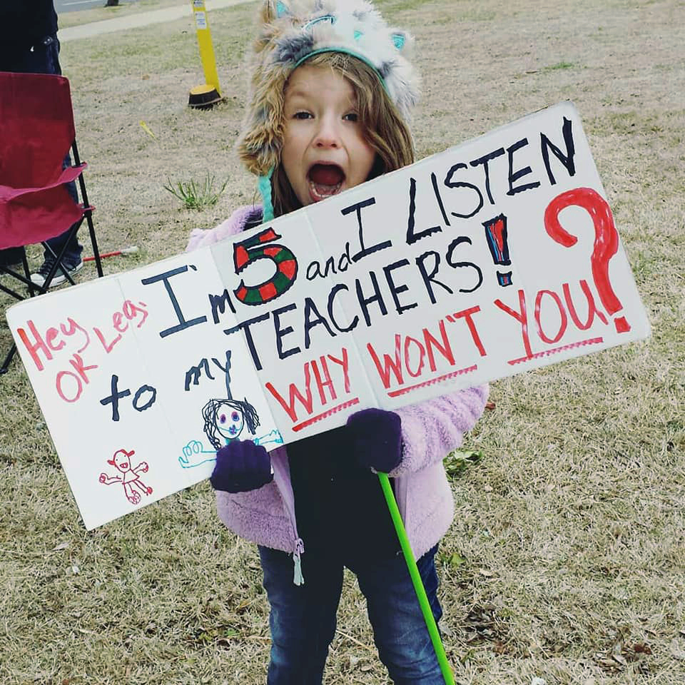 Tess Junger, a student at Monroe Elementary, Oklahoma City, participates in a demonstration of support for the teachers asking for better wages and conditions. Photo courtesy of Whiney White Junger. Tess Junger, a student at Monroe Elementary, Oklahoma City, participates in a demonstration of support for the teachers asking for better wages and conditions. Photo courtesy of Whiney White Junger.
