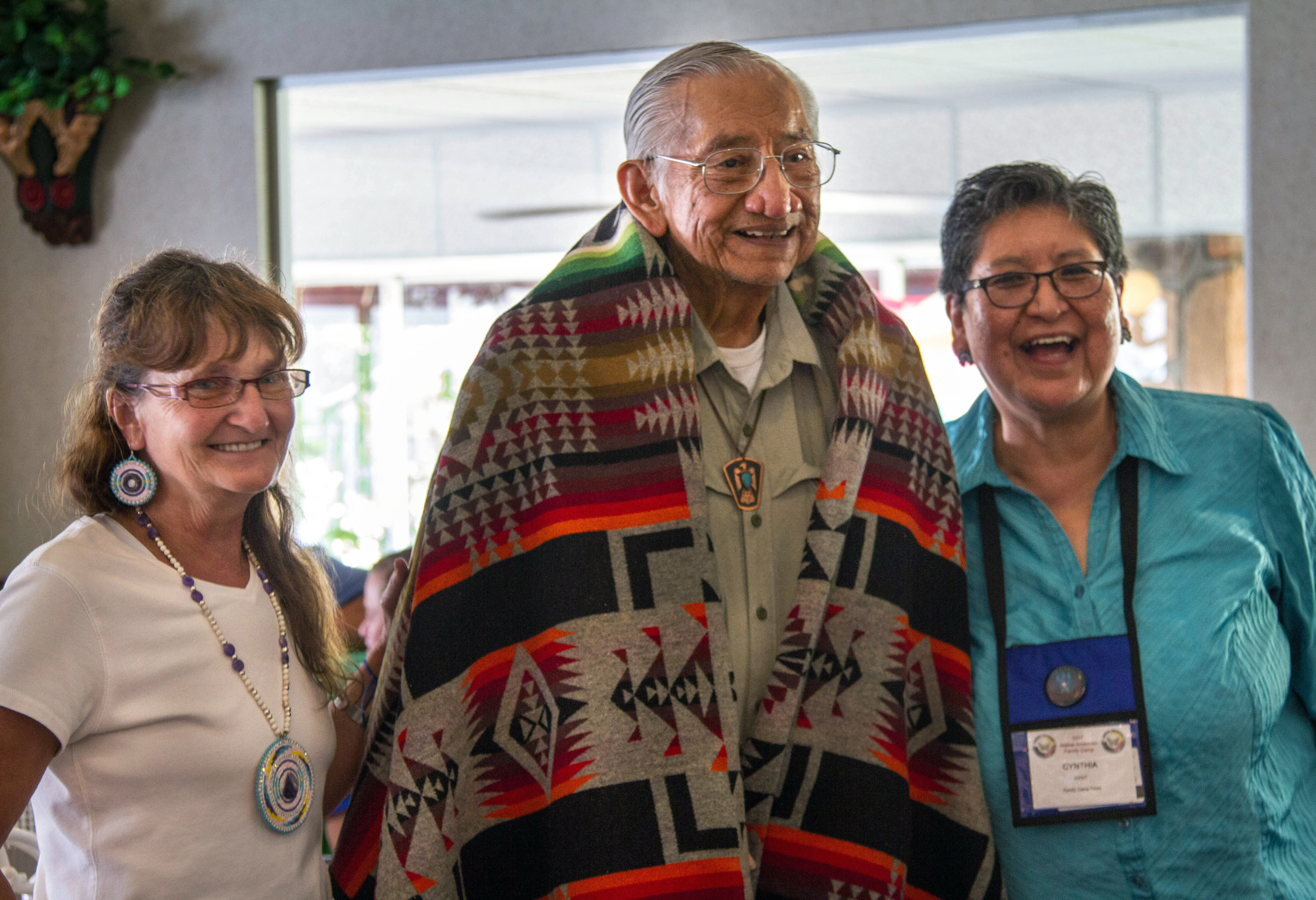 The Rev. Homer Noley was a member of the Choctaw Nation and founder of the National United Methodist Native American Center. For nearly 40 years, Noley worked for the inclusion of Native Americans at all levels of the denomination. Pictured with Noley are Ragghi Rain (left) and Cynthia Kent. Photo by Ginny Underwood, UMNS.