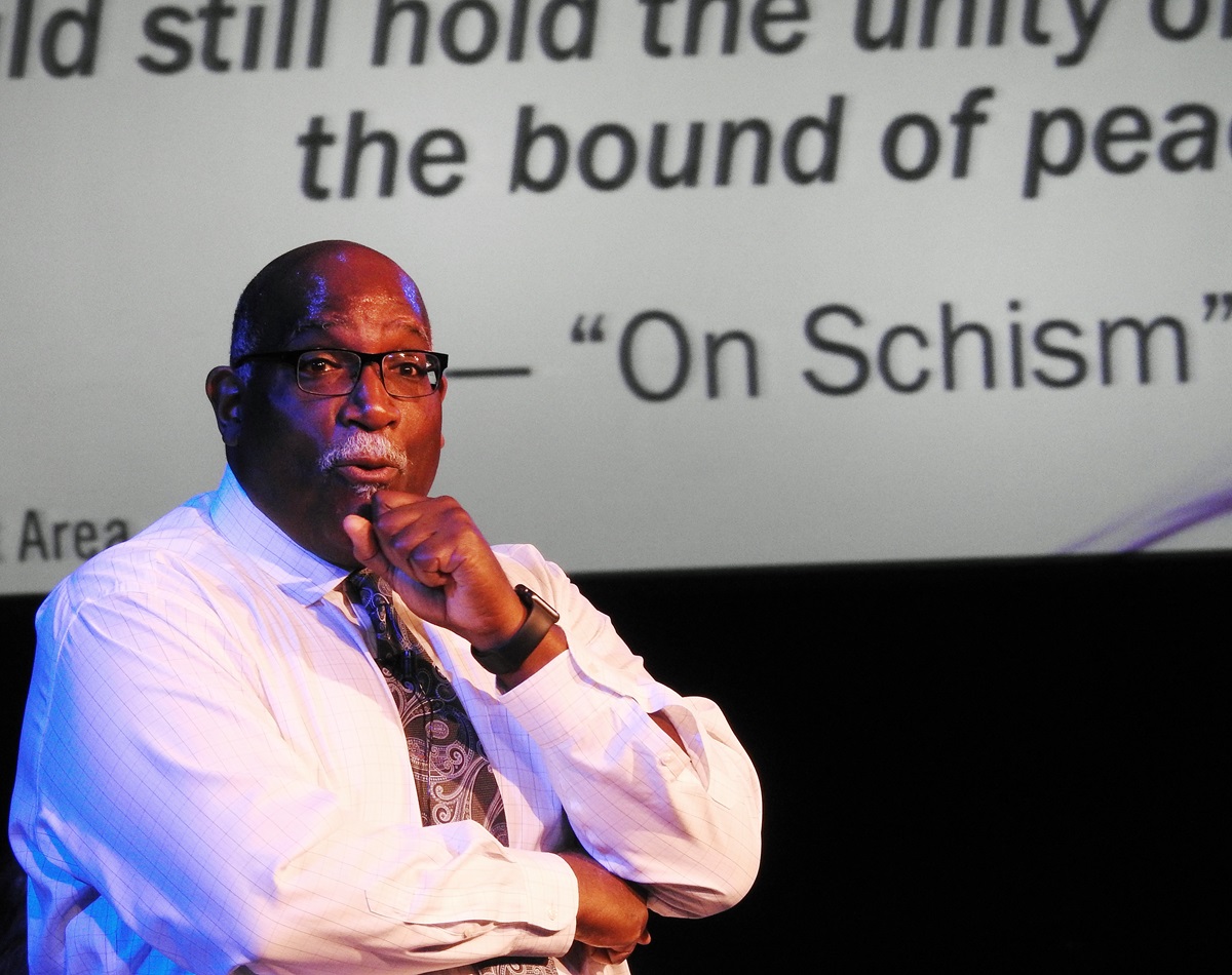 West Ohio Conference Bishop Gregory Palmer speaks July 17, 2019, at the Uniting Methodists meeting, held at Lovers Lane United Methodist Church, in Dallas. Palmer spoke on behalf of the One Church plan, to be considered at the special General Conference set for Feb. 23-26, 2019, in St Louis. Photo by Sam Hodges, UMNS