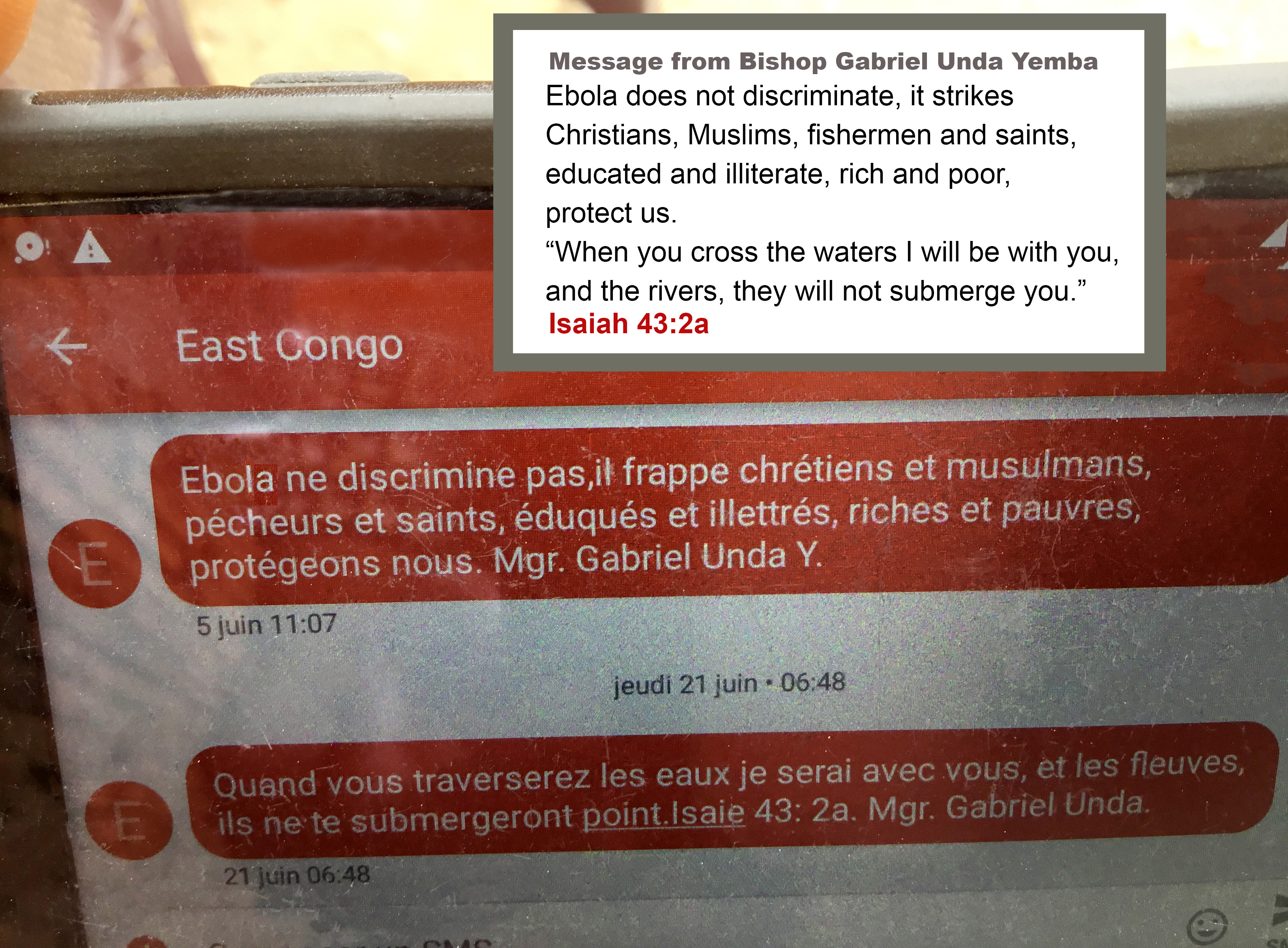 The screen of a smartphone communicates a message of comfort from East Congo Bishop Gabriel Unda Yemba. The text, delivered as part of the church’s UMCONNECT platform, is translated from French to English in this photo illustration. Original photo by Philippe Kituka Lolonga, UMNS. 
