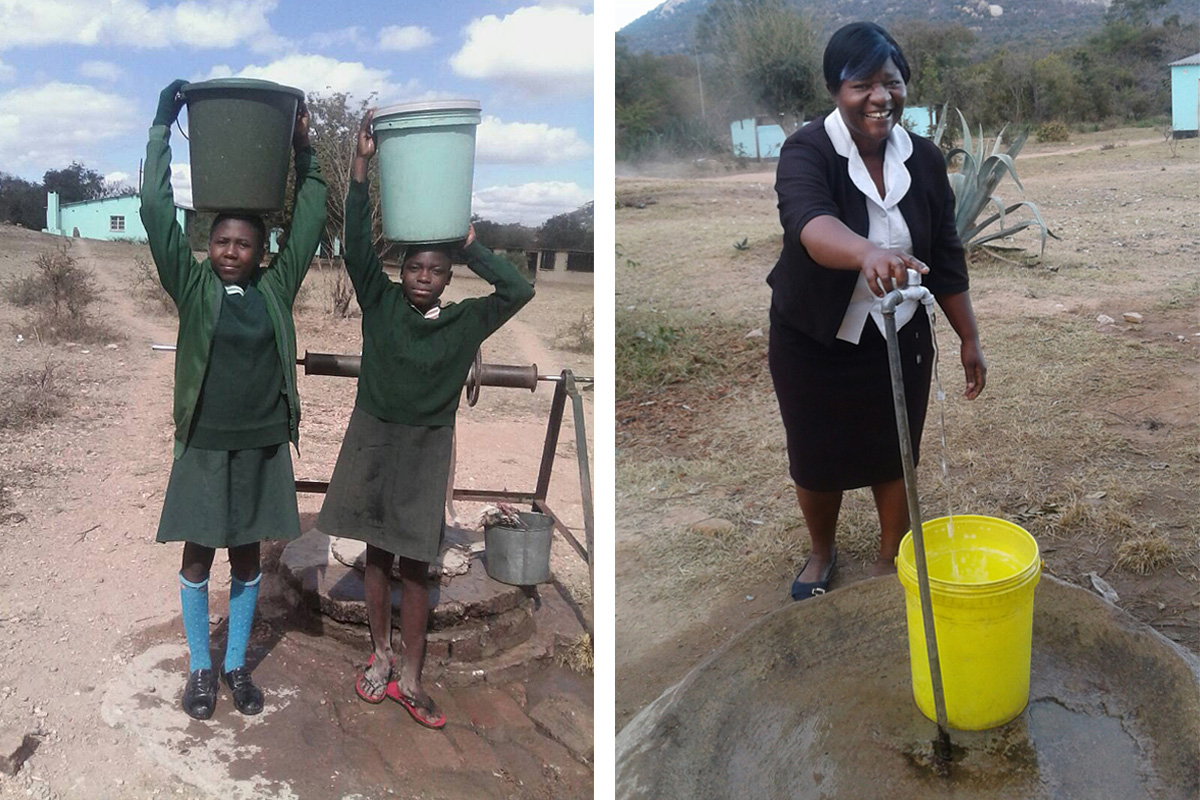 In photo on left, Grace Mutsago (left) and Adja Muzama carry water from a well at Mutsago Primary School in Zimbabwe. In photo on right, teacher Memory Maseure fills a bucket from the new tap at Mutsago Primary School. The United Methodist Church in partnership with Chabadza Norway Community Development Program is helping bring clean, piped water to two schools. Photos by Kudzai Chingwe, UMNS.