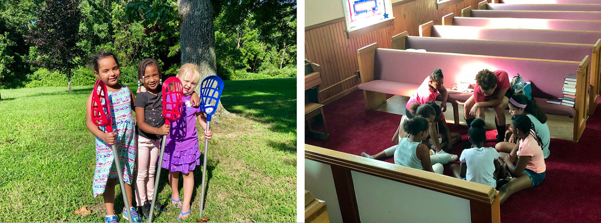 Children participate in Native American games such as stickball (lacrosse), crafts, storytelling and other activities during vacation Bible school at St. John United Methodist Church in Bridgeton, New Jersey. The curriculum is based on the traditional teachings of the Nanticoke Lenni-Lenape and other Native American tribes.