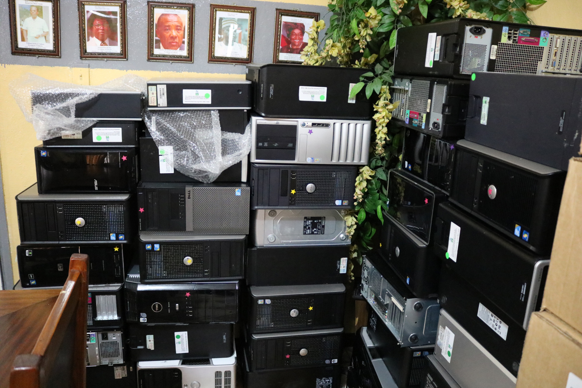 Computers donated through a ministry of Memorial United Methodist Church in Clovis, Calif., are stacked in an office at United Methodist University of Liberia in Monrovia. Photo by E Julu Swen, UMNS.