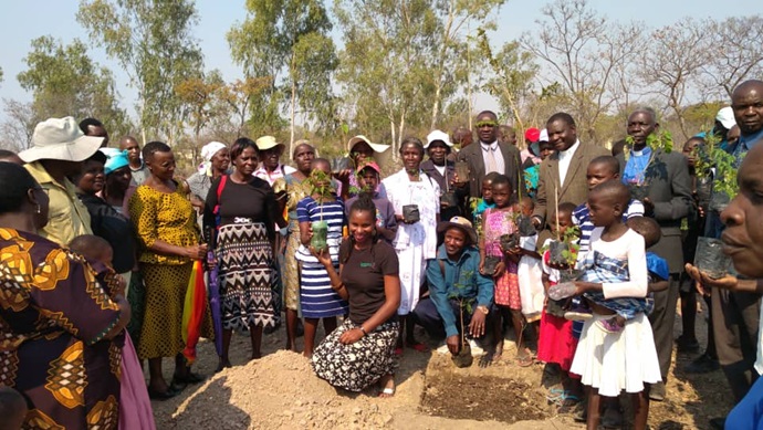 Shamiso Mupara, kneeling, leads a tree-planting in Marange with United Methodist church members at Mutsago Circuit. Photo by Kudzai Chingwe, UMNS.