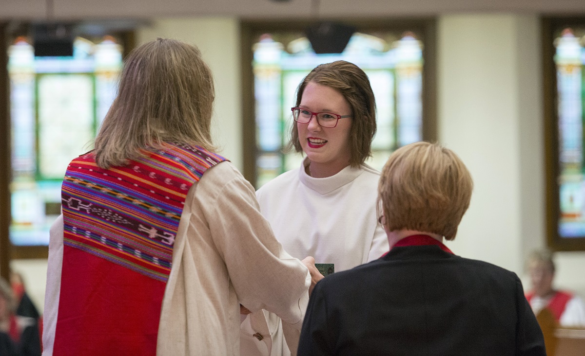 The Rev. Nicole Anderson is congratulated after being commissioned as a Dakotas Conference provisional elder. Anderson, 28, now serves as pastor of First United Methodist Church in Vermillion, South Dakota. The latest Lewis Center for Church Leadership study on clergy age trends in the denomination shows a three-year decline in young women elders. Photo courtesy of the Dakotas Conference. The Rev. Nicole Anderson is congratulated after being commissioned as a Dakotas Conference provisional elder. Anderson, 28, now serves as pastor of First United Methodist Church in Vermillion, South Dakota. The latest Lewis Center for Church Leadership study on clergy age trends in the denomination shows a three-year decline in young women elders. Photo courtesy of the Dakotas Conference.