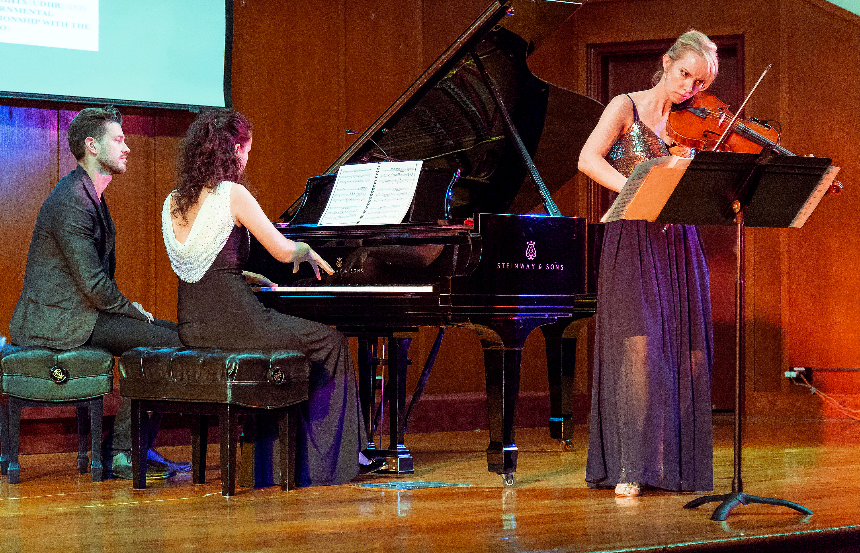 Pianist Anna Petrova (second from left) and Molly Carr (right), perform during a concert in New York to mark the 70th anniversary of the Universal Declaration of Human Rights and highlight their “Novel Voices” project. Photo by Ramon Leonardo Cabrera/GFDD.