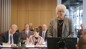Patricia Miller speaks at the United Methodist Judicial Council meeting in Zurich. Miller, a member of the denomination’s Commission on a Way Forward, presented the Connectional Conference plan to the council. Photo by Diane Degnan, UMCom.