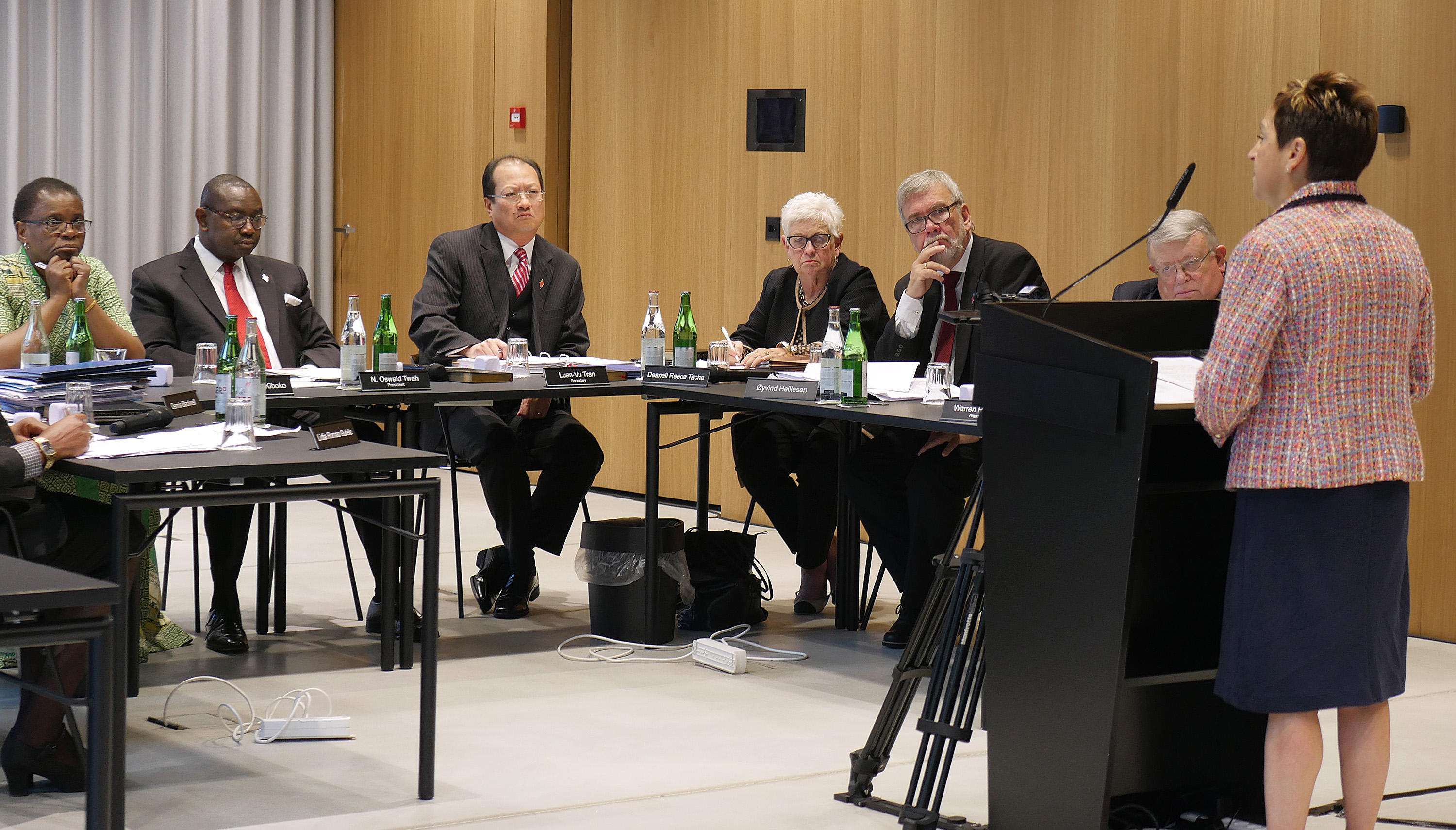 Bishop Cynthia Fierro Harvey addresses the United Methodist Judicial Council meeting in Zurich. The council ruled Oct. 26 that the One Church Plan is largely constitutional but found problems with the Traditional Plan. Photo by Diane Degnan, UMCom.
